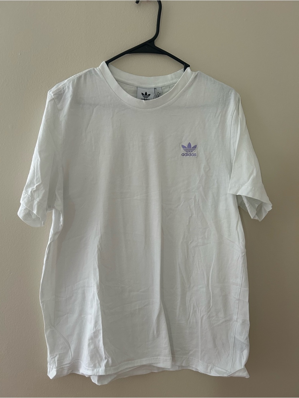 adidas White Short Sleeve Tee with Lavender Trefoil